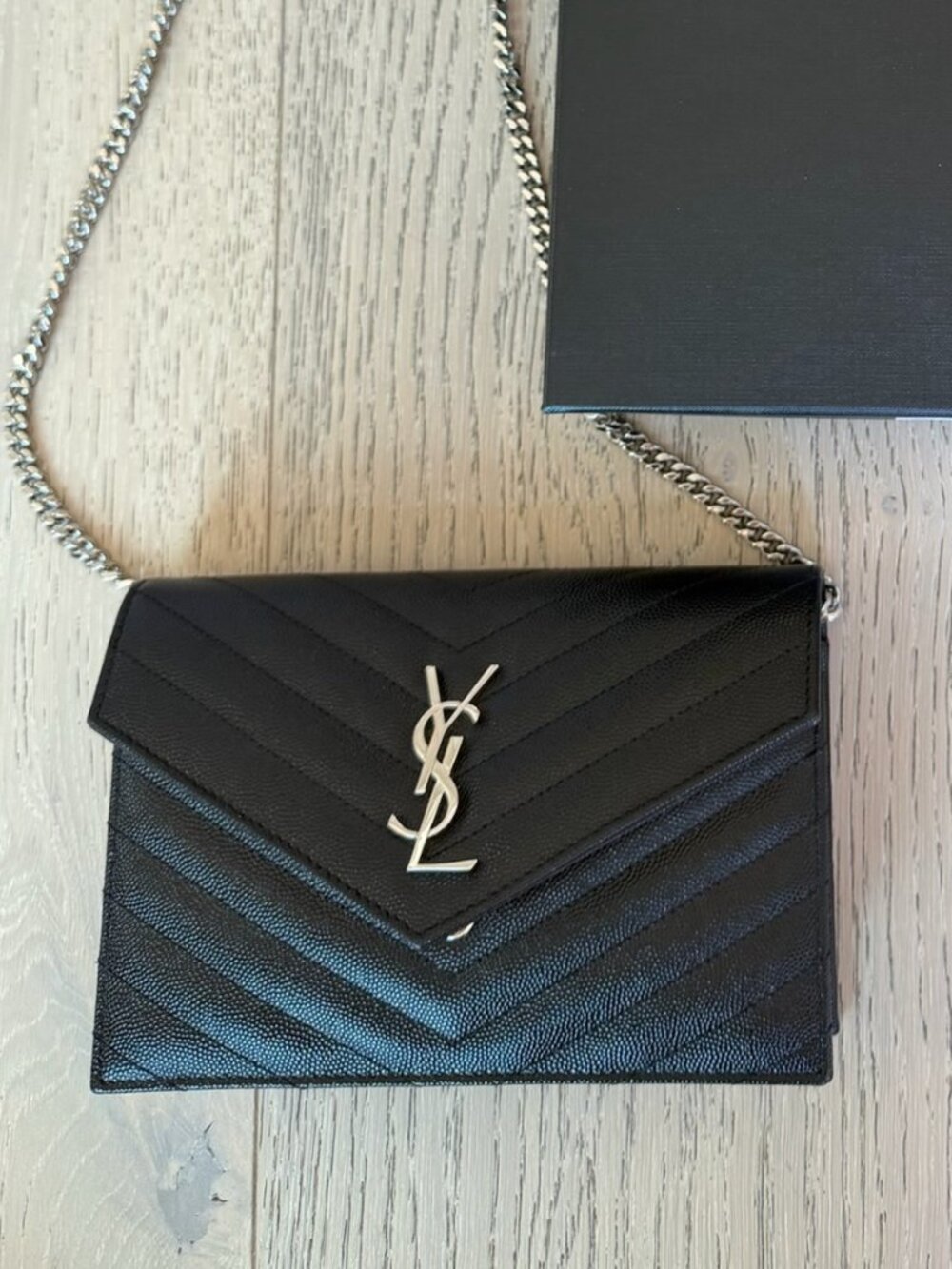 Saint Laurent YSL Chevron Monogram Envelope Chain Wallet Black & Silver 393953
